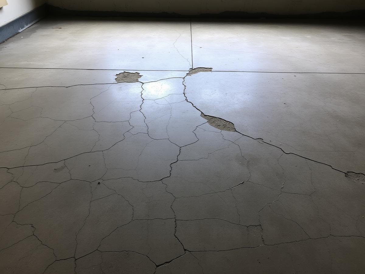Cracked concrete garage floor before epoxy coating